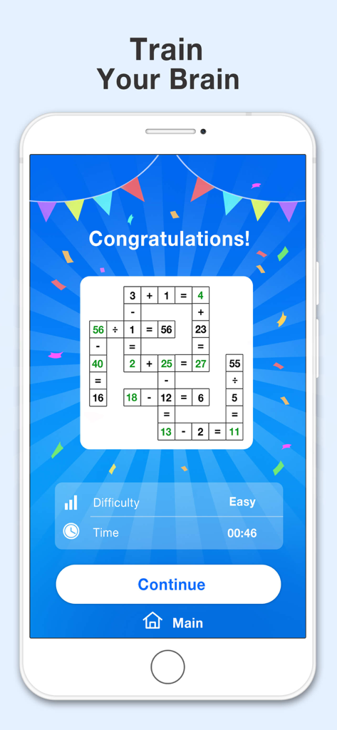 A completed math crossword puzzle level on a mobile app screen with a congratulations message