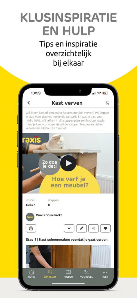 Praxis - Praxis mobile app screen showing a step-by-step furniture painting tutorial with video and cost estimate