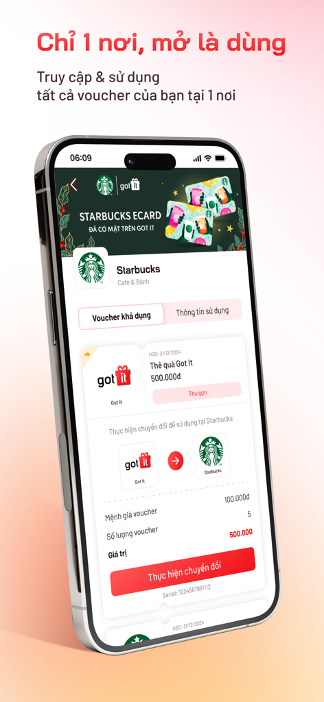 Mobile interface of the Got It app showing a Starbucks digital gift card and voucher conversion options
