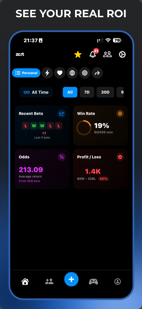 Zort app dashboard displaying sports betting ROI win rate and profit loss statistics