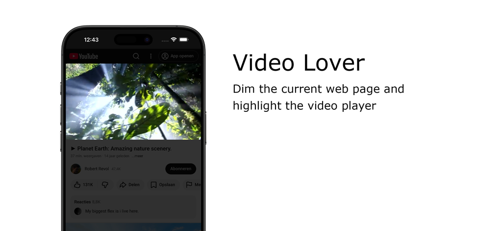 Turn Off the Lights for Safari - Turn Off the Lights Safari拡張機能が背景を暗くしてiPhone上の動画プレーヤーを強調表示