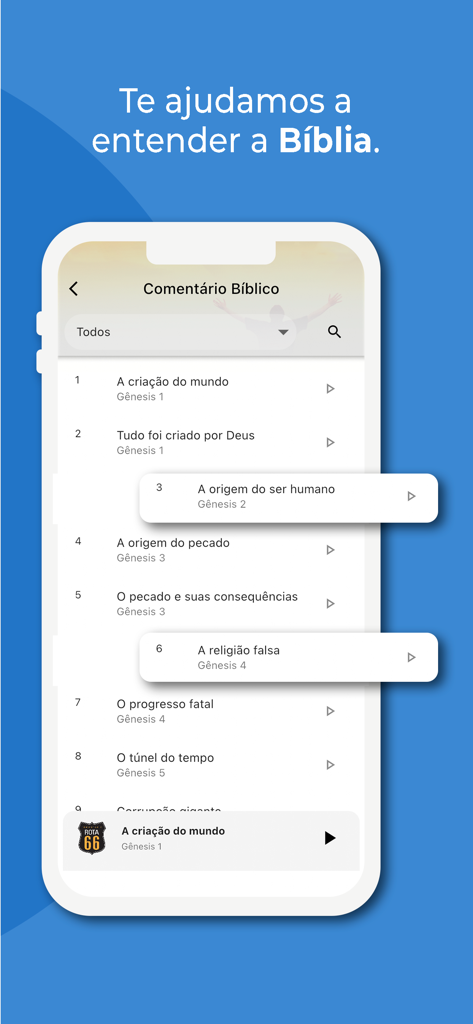 Biblical commentary screen in the Mobidic Bible app showing audio study topics for Genesis