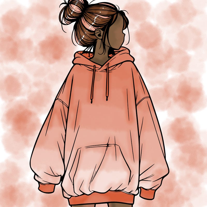 realistic girl with a oversized sweatshirt on and a bun
