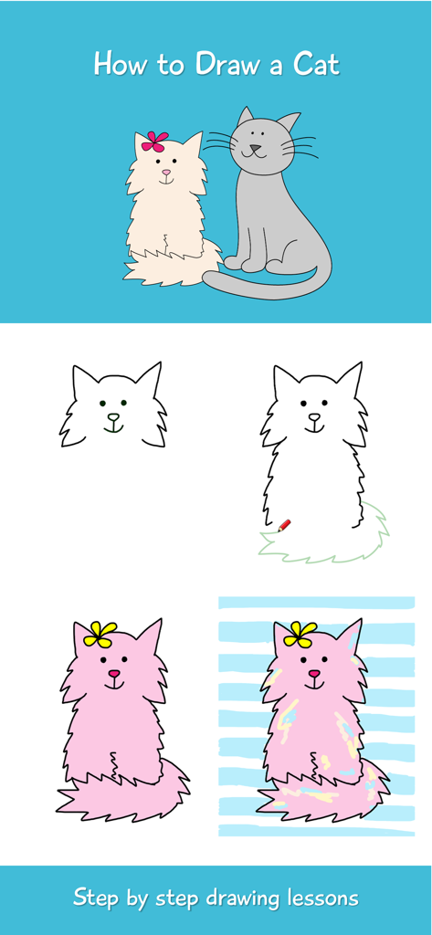 How to Draw a Cat Step by Step - Captura de pantalla educativa que muestra lecciones de dibujo paso a paso para un gato de dibujos animados