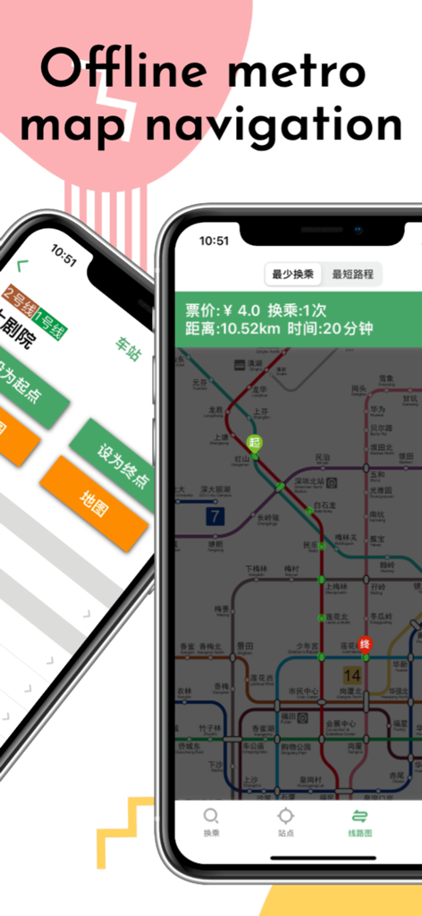 Screenshot dell'app Shenzhen Metro Guide che mostra la navigazione offline su mappa e percorso su iPhone