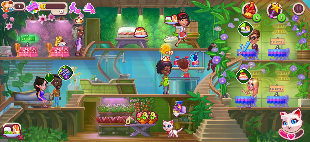 Cafe Dash: Dinner at the Diner - Waitress serving customers in a lush gourmet restaurant with a cute white cat in Cafe Dash