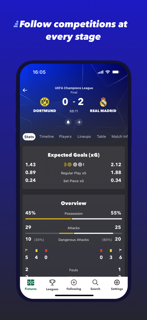 FollowScores: Live Scores - Live football match statistics and expected goals for a Champions League game on the FollowScores app.