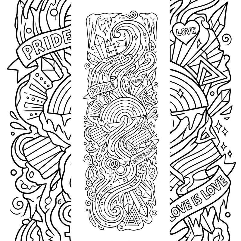 Dive into a unique coloring experience with our Black Ice Pride Bookmark, perfect for celebrating love and diversity. This intricate design features swirling patterns intertwined with iconic Pride symbols, ready for your creative touch.