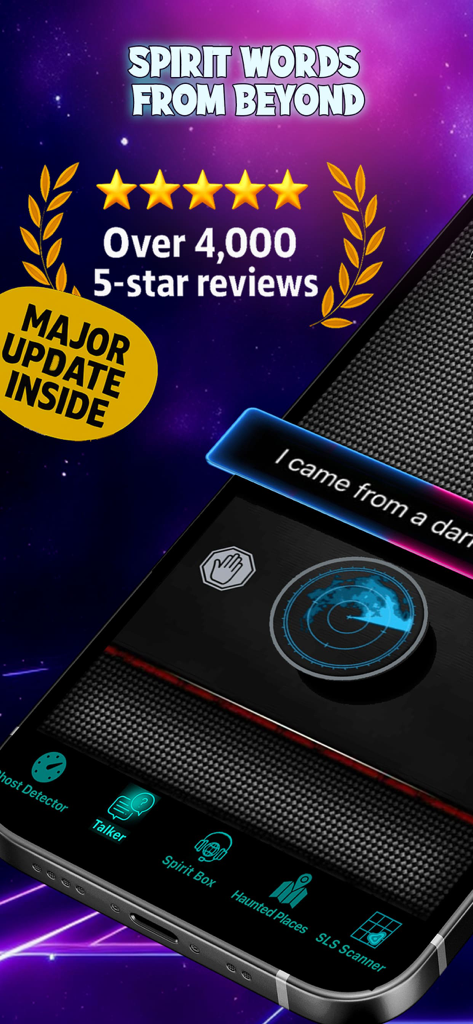 Interface of Spirit Contact Talker app showing ghost detector radar and spirit words from beyond