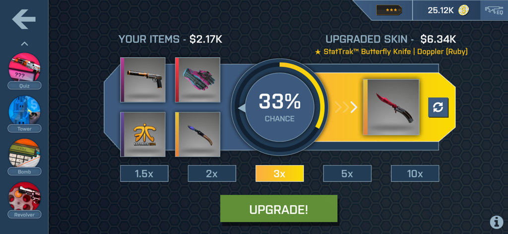 El minijuego del mejorador de skins en la aplicación Case Opener mostrando objetos simulados y la probabilidad de mejora