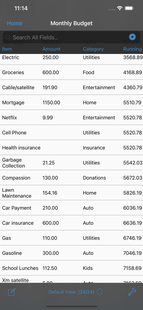 Monthly budget table in HanDBase Database Manager showing items like electric, groceries, and mortgage with amount and category columns.