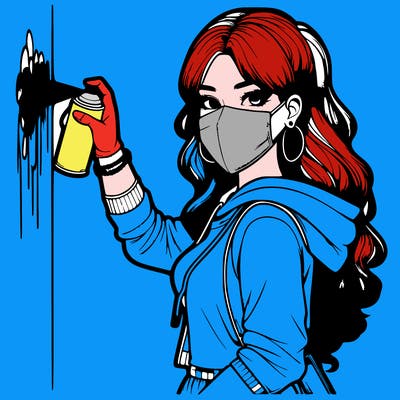 realistic girl with mask spray painting a wall