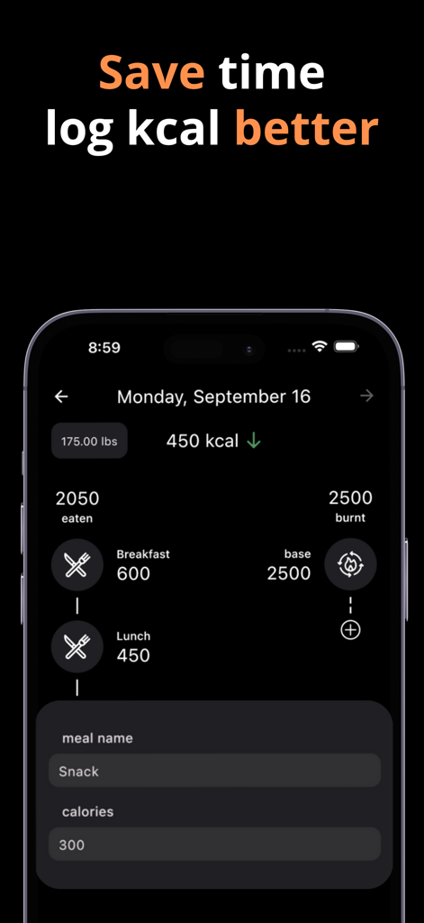 Calorie Intake Tracker - Panel minimalista de la aplicación Fitpo que muestra el seguimiento de la ingesta y el gasto calórico diario en modo oscuro