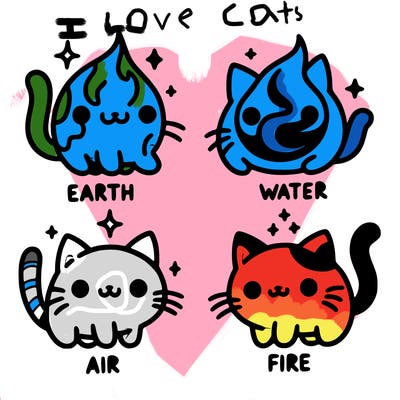 4 cats that represent the different elements, earth, water, air, and fire