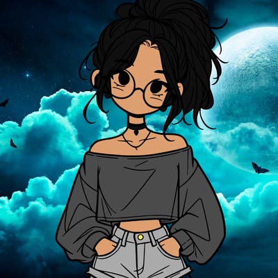 girl with a messy ponytail glasses a baggy crop top and jean shorts