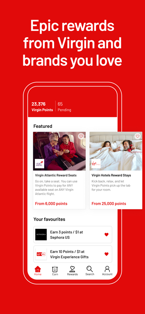 Screenshot of the Virgin Red app interface showing point balance and featured rewards for flights and hotels.