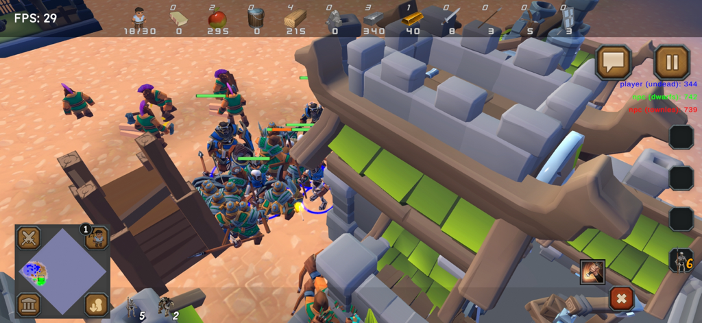 Rise of the Townies - RTS - Rise of the Townies RTS gameplay showing military units near a building with resource management UI