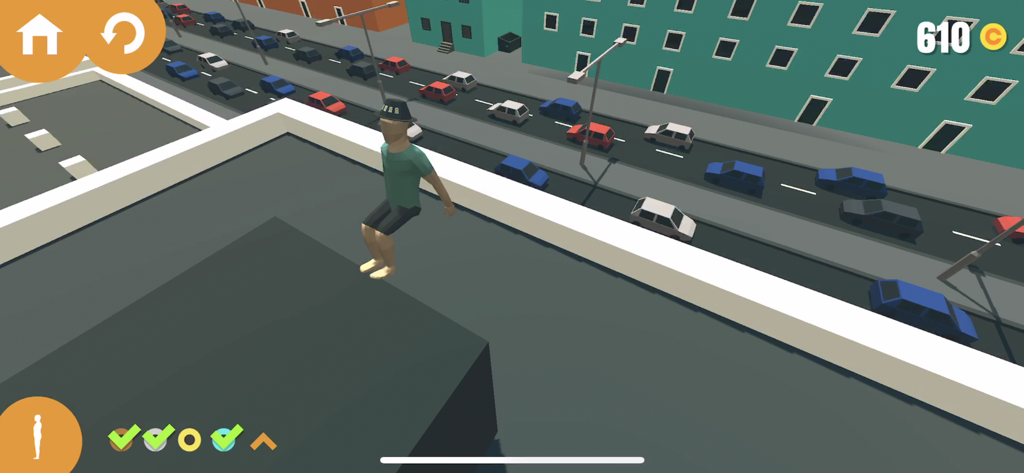 Um personagem com camisola verde e chapéu a preparar-se para saltar de um telhado num ambiente citadino no jogo Flip Trickster
