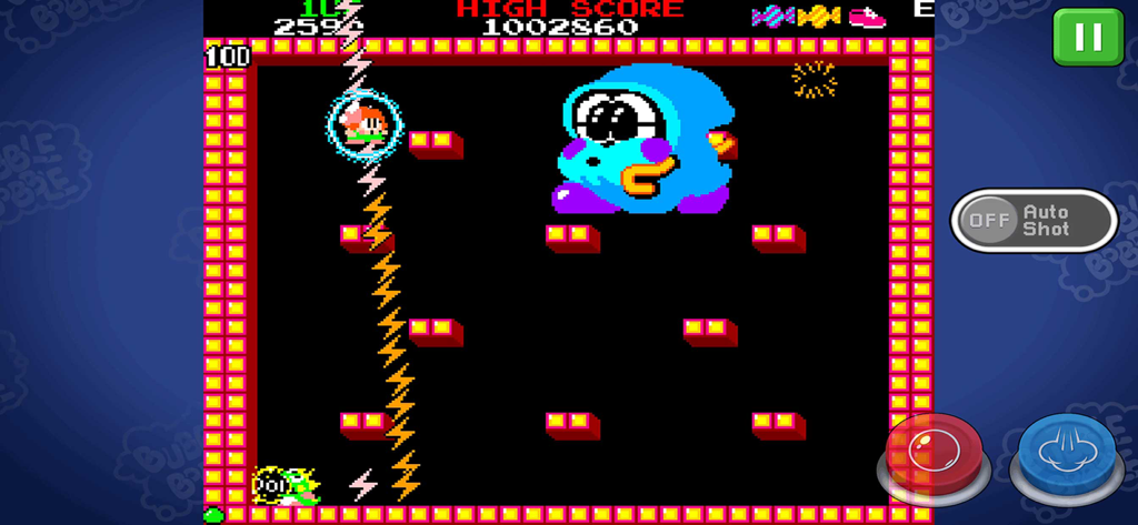 Gameplay of BUBBLE BOBBLE classic featuring a boss fight in a retro arcade stage