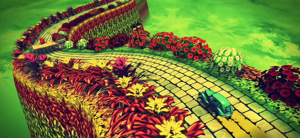 Vintage blue car driving on a colorful winding mountain path in Vertigo Racing