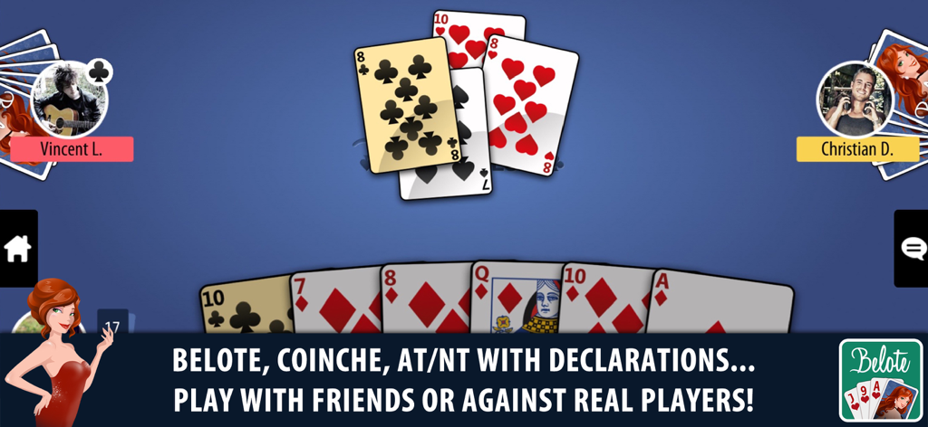 Belote & Coinche Multiplayer - Multiplayer gameplay screen of Belote and Coinche showing player avatars and cards