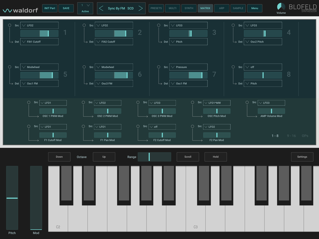 Blofeld - The modulation matrix screen of the Waldorf Blofeld synth app for iPad showing parameter routing and a virtual keyboard