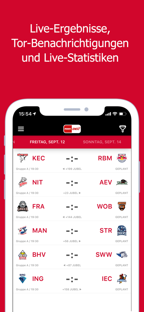 Deutsche Eishockey Liga - Interface of the official Deutsche Eishockey Liga app showing live game results and schedules