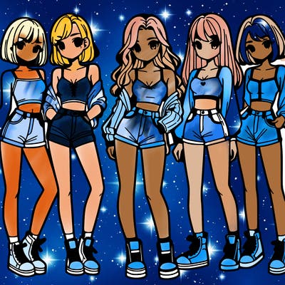 a group of girls wearing crop tops and shorts