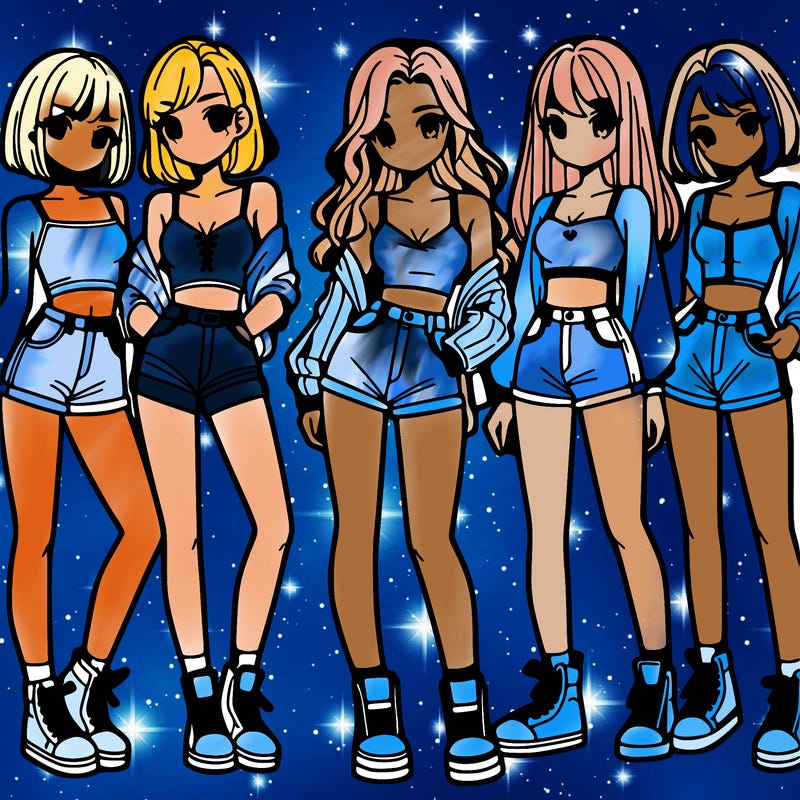 a group of girls wearing crop tops and shorts