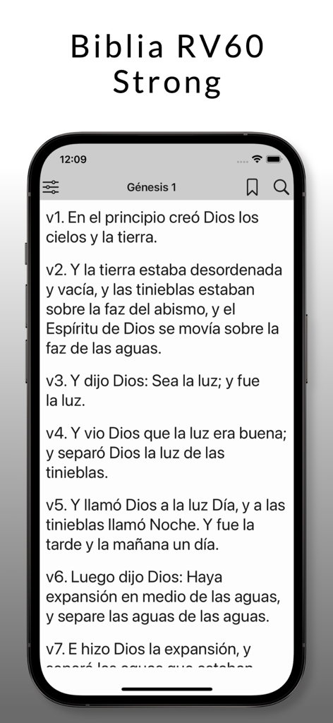 Bible RV60 Strong - La aplicación Biblia RV60 Strong en español que muestra los versículos del capítulo uno del Génesis en un iPhone