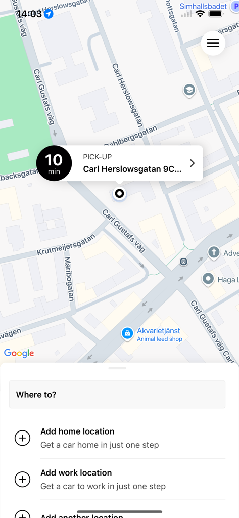 Taxi 97 - Interfaz de la aplicación móvil Taxi 97 que muestra un mapa de Malmö con una ubicación de recogida y búsqueda de destino
