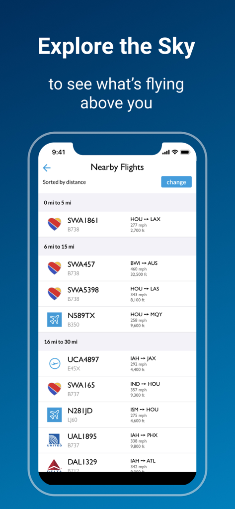 FlightAware Flight Tracker - A list of nearby flights in the FlightAware app sorted by distance showing airline and destination