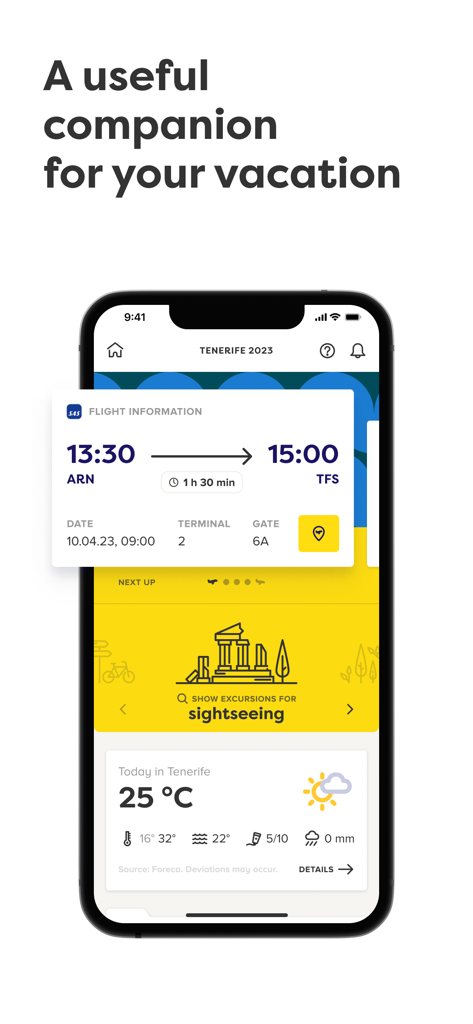 My Apollo - My Apolloアプリのインターフェース。テネリフェへの旅行のフライト詳細、観光オプション、現地の天気が表示されています。