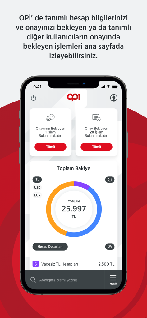 Ziraat Bankasi OPI mobile app dashboard displaying total balance chart and pending transaction approvals