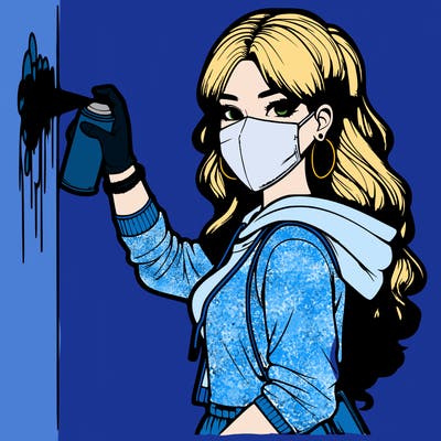 realistic girl with mask spray painting a wall