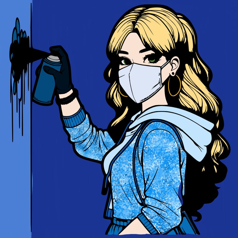 realistic girl with mask spray painting a wall