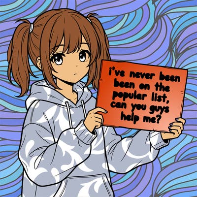 a cute anime girl with a sign saying  i’ve never been on the popular list, can you guys help me?