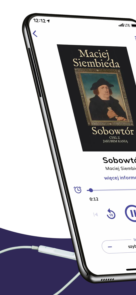 Publio - ebooki, audiobooki - The audiobook player interface on the Publio mobile app displaying a Polish book by Maciej Siembieda.