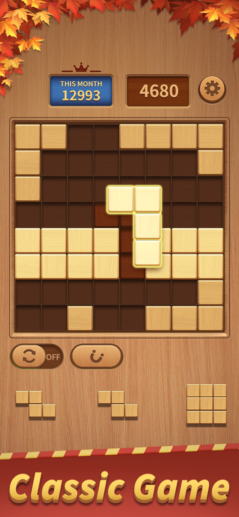 Bildschirm des klassischen Gameplays von Block Puzzle Blast mit Holzblöcken auf einem 8x8-Raster