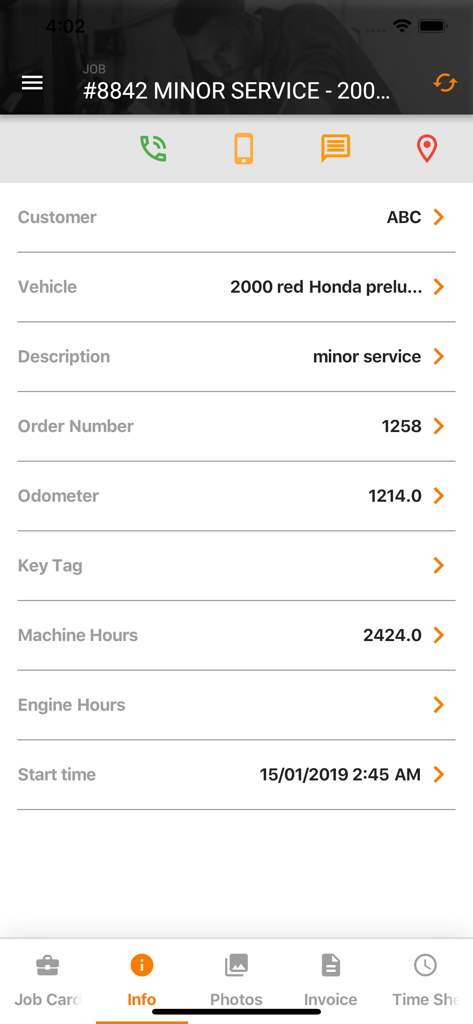 MechanicDesk Mobile app interface showing detailed job information for a minor vehicle service including customer and vehicle details