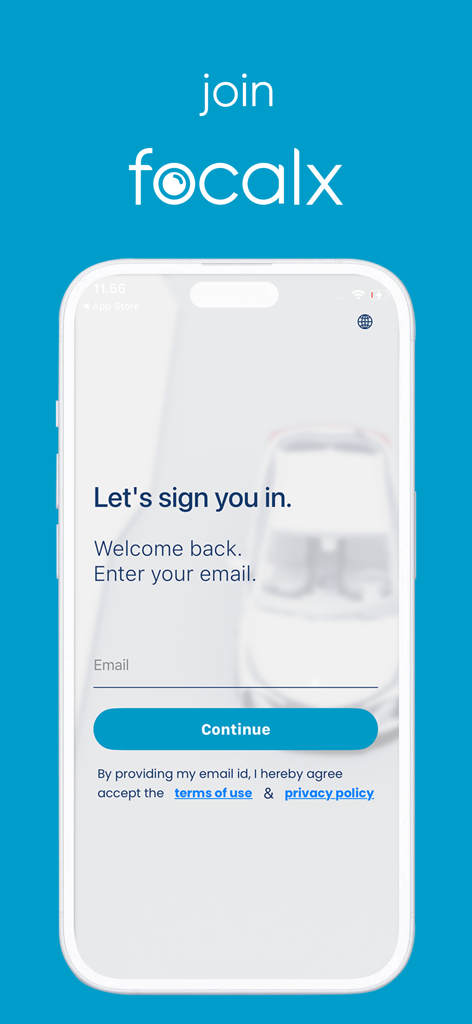 Login screen for the FocalX Auto Inspection app showing an email sign in field for enterprise users