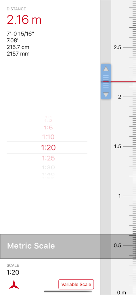 Scala Architectural Scale - Scala app interface displaying a 1 to 20 metric scale with precise distance measurements in meters, feet, and millimeters.