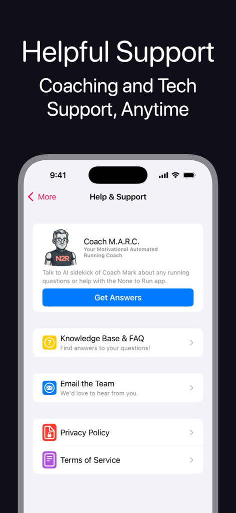 None to Run: Beginner, 5K, 10K - None to Run app help and support screen featuring Coach MARC AI assistant and knowledge base links