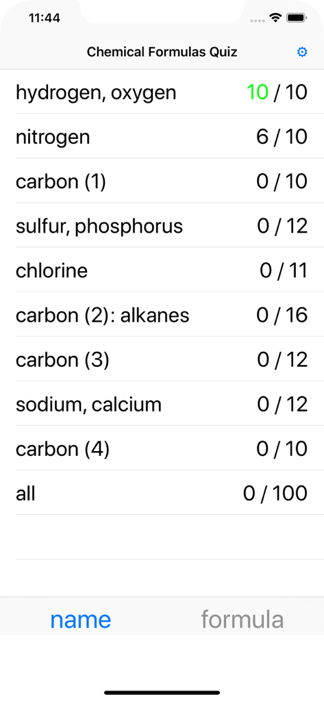Chemical Formulas Quiz menu screen showing learning progress and categories like hydrogen and alkanes
