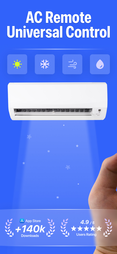 Interface do aplicativo de controle remoto de ar condicionado mostrando opções de controle universal e altas avaliações dos usuários