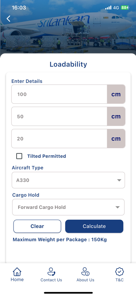 SriLankan Cargo - SriLankan Cargo app loadability tool showing package dimension inputs and aircraft type selection for logistics planning