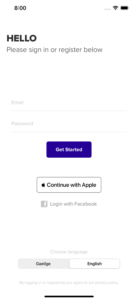 Sign in and registration screen for the Glor Tire app with email login and language selection for Gaeilge and English.