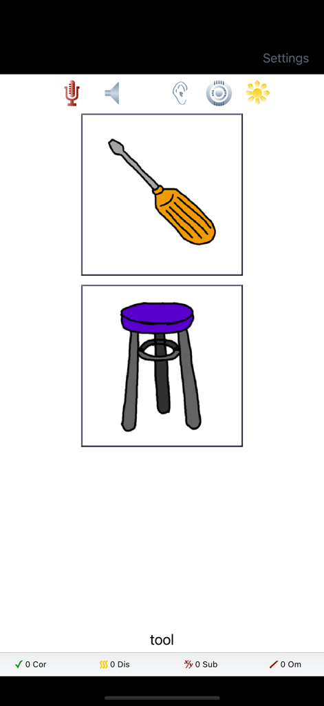 Aplicación Pares Mínimos que muestra un destornillador y un taburete para la discriminación auditiva en logopedia.