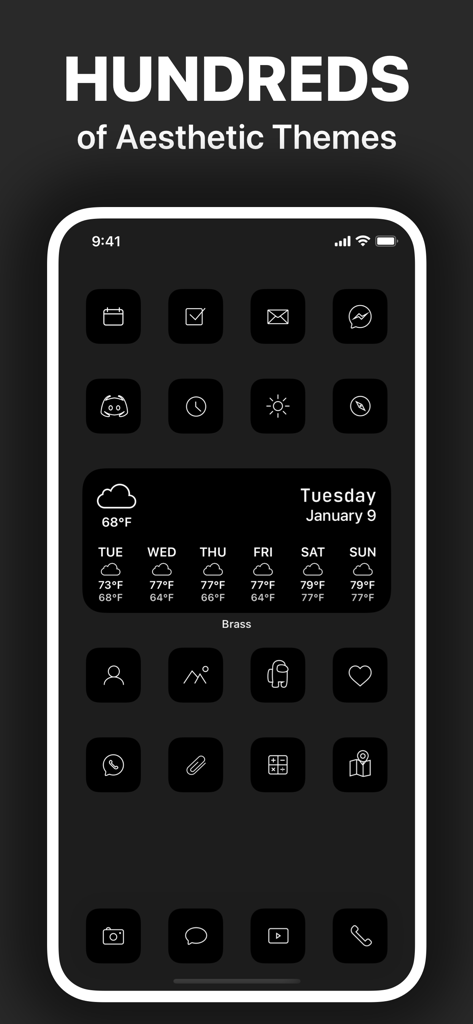 Brass - Icon Themes & Widgets - Uma tela de início de iPhone personalizada com tema escuro minimalista, ícones brancos elegantes e um widget de clima do aplicativo Brass.