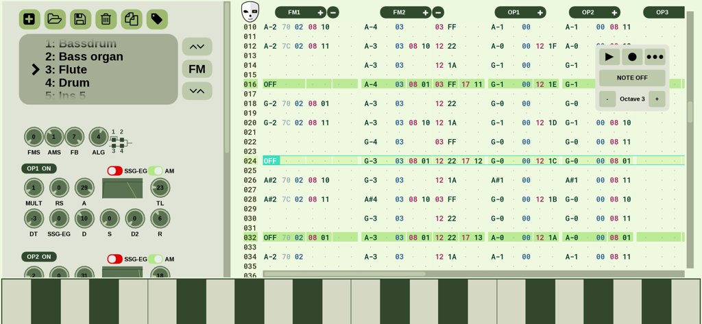 DefleMask Mobile chiptune tracker interface showing the vertical note sequencer and FM synthesis controls
